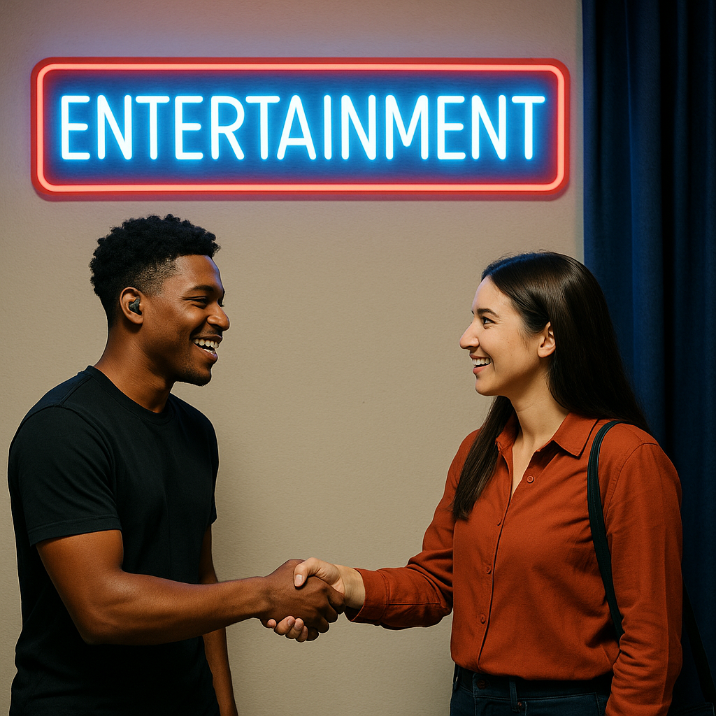 backstage handshake under neon